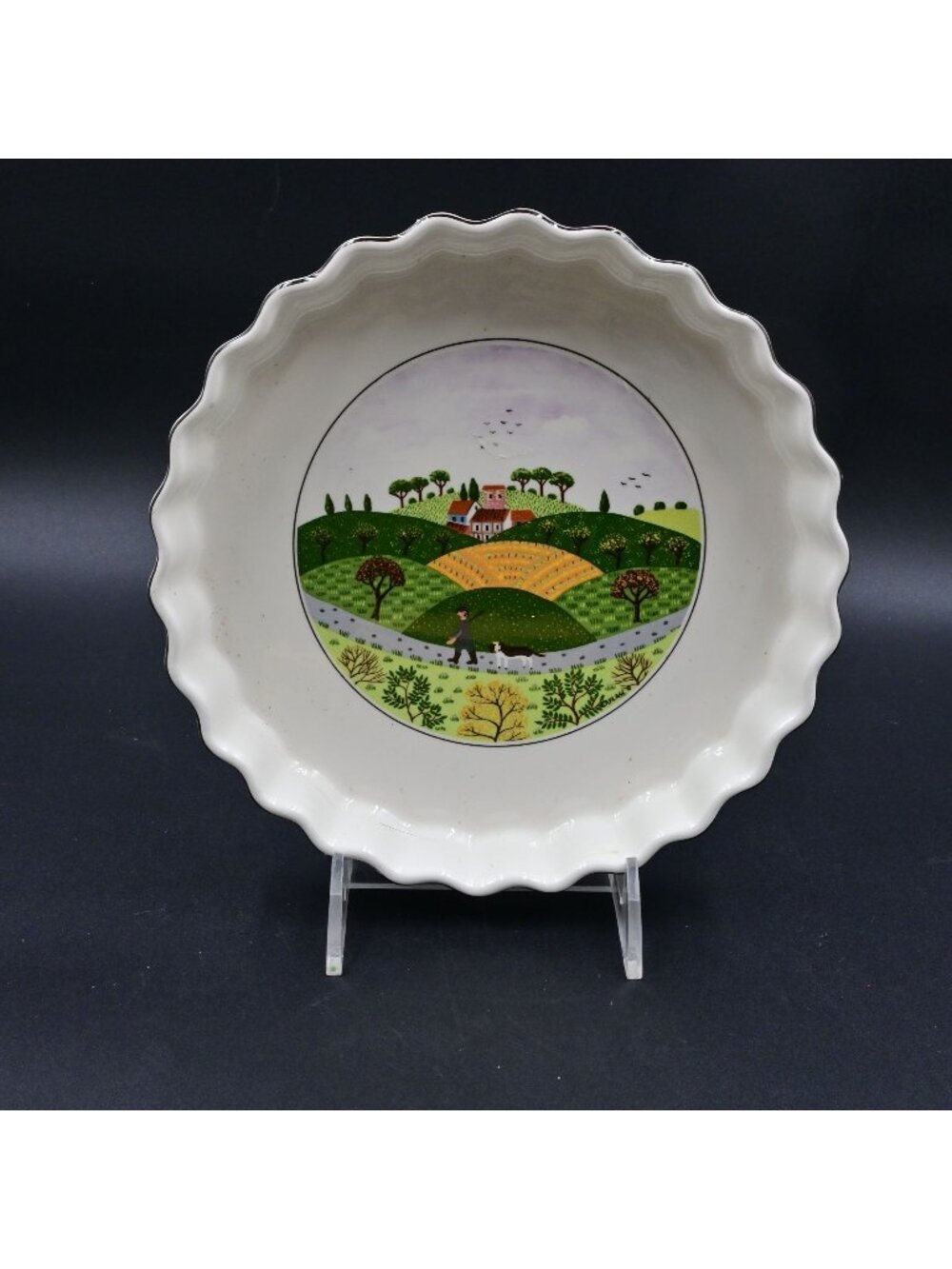 Villeroy & Boch Design Naif Quiche Dish Tart Pan Man Walking Dog Folk Art 8.5"